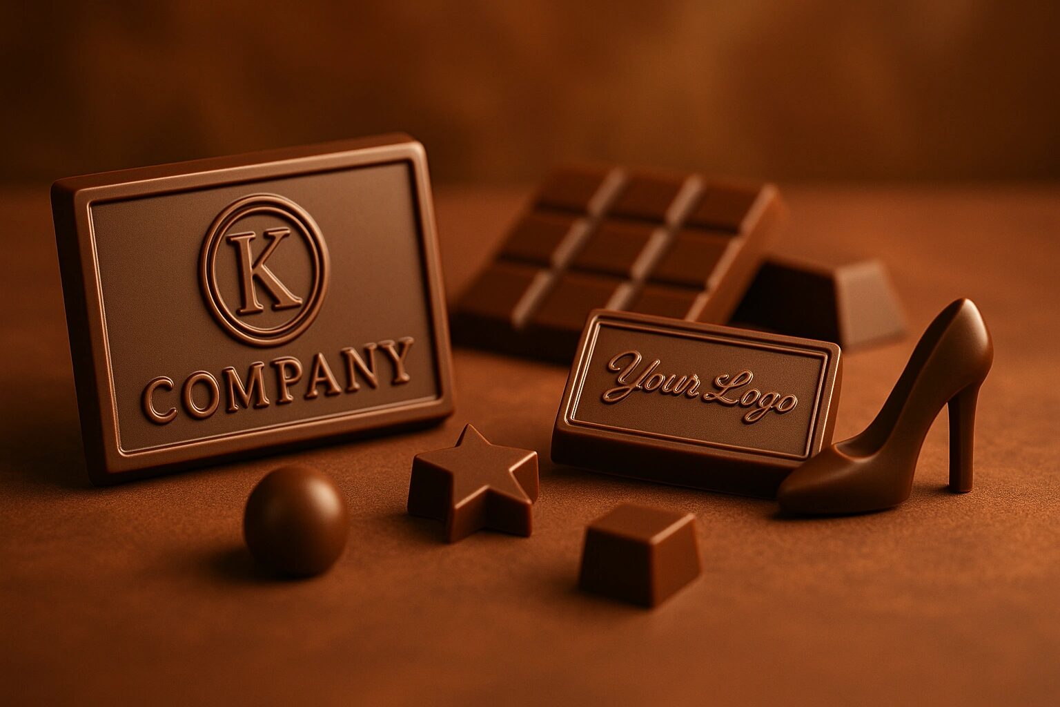 Auswahl individueller Werbegeschenke aus Schokolade von Schokologo – Logo-Pralinen und Sonderformen.