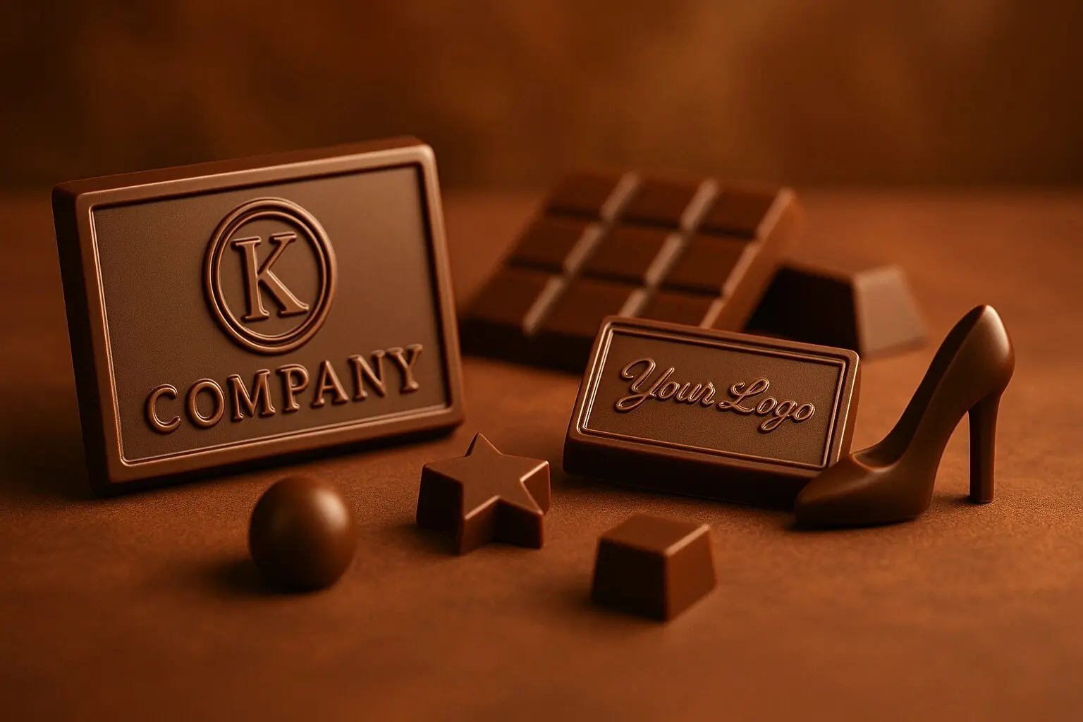 Auswahl individueller Werbegeschenke aus Schokolade von Schokologo – Logo-Pralinen und Sonderformen.
